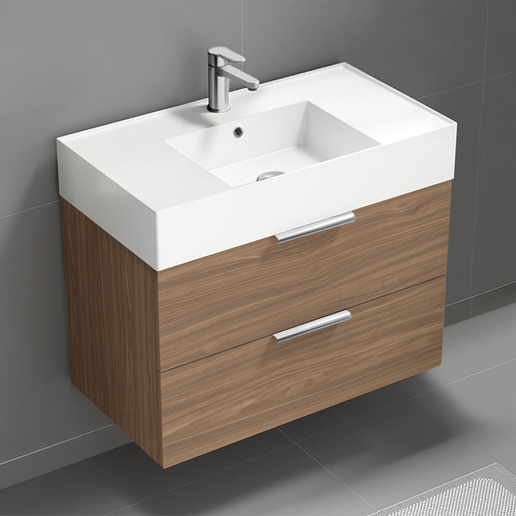 Bathroom Vanity Floating Bathroom Vanity, Modern, Walnut, 32 Inch, Chrome Handles Nameeks DERIN485